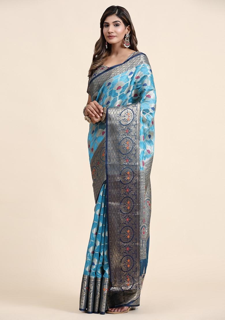 Sky Blue Jacquard Organza Silk Saree Set