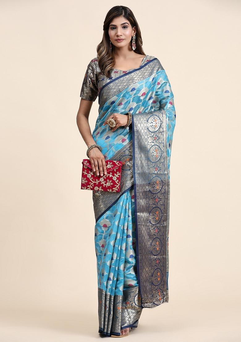 Sky Blue Jacquard Organza Silk Saree Set