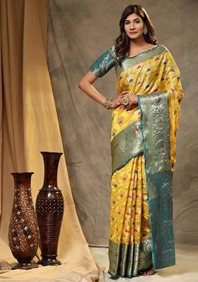 Yellow Jacquard Organza Silk Saree Set
