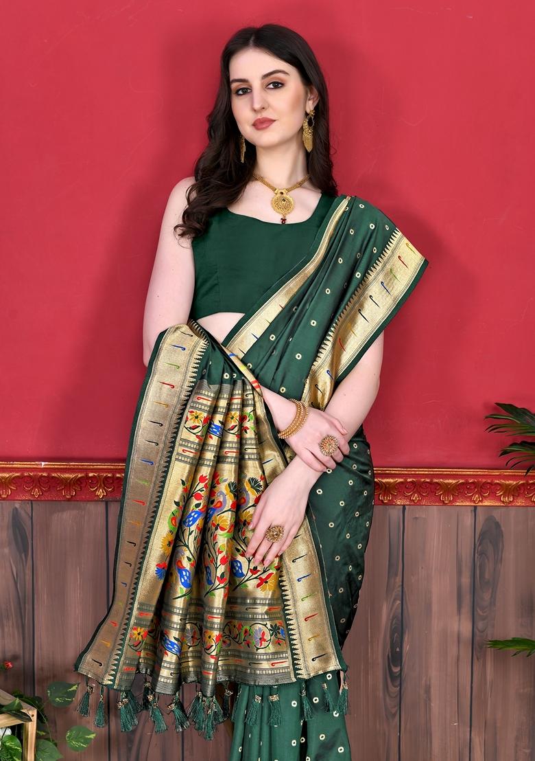 Bottle Green Jacquard Litchi Silk Saree Set