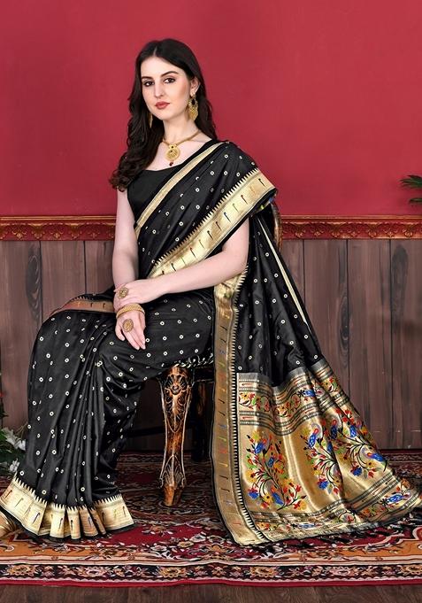 Amfyn Women's Litchi silk Printed Saree With Unstitched Blouse (Black) main image 0