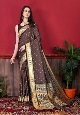 Brown Jacquard Litchi Silk Saree Set