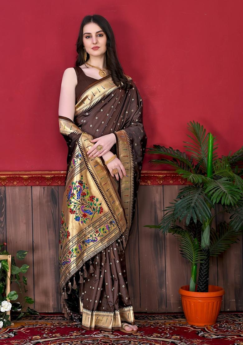 Brown Jacquard Litchi Silk Saree Set