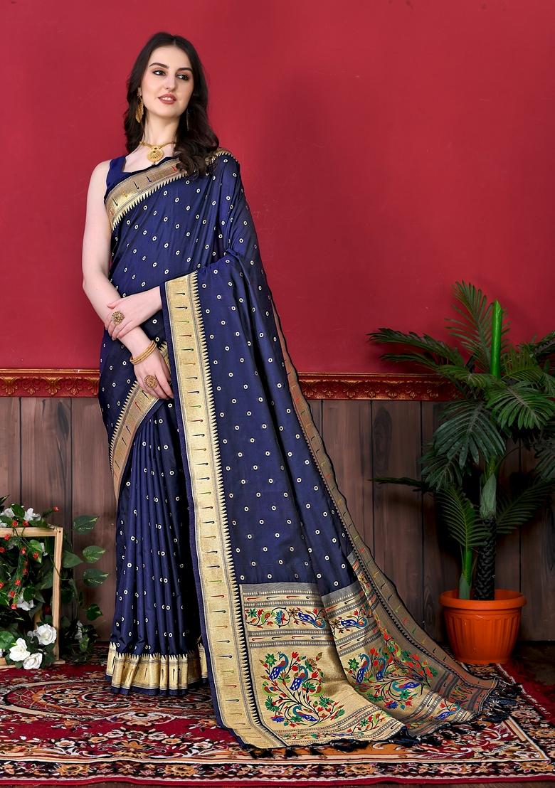 Navy Blue Jacquard Litchi Silk Saree Set