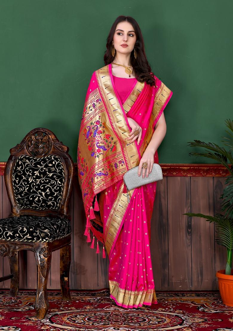Pink Jacquard Litchi Silk Saree Set