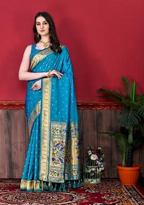 Rama Blue Jacquard Litchi Silk Saree Set