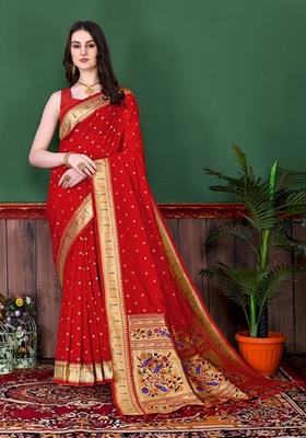 Red Jacquard Litchi Silk Saree Set