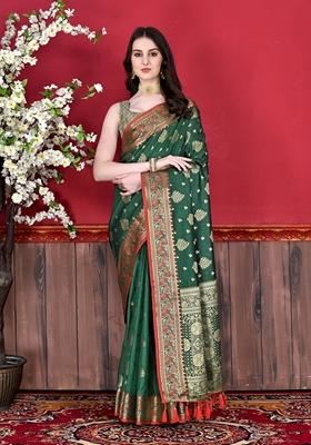 Bottle Green Jacquard Litchi Silk Saree Set