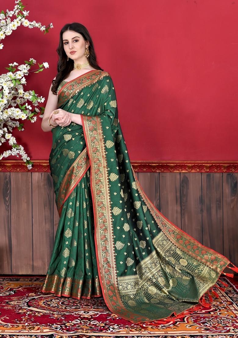 Bottle Green Jacquard Litchi Silk Saree Set