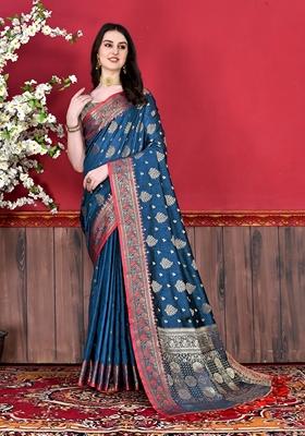 Navy Blue Jacquard Litchi Silk Saree Set