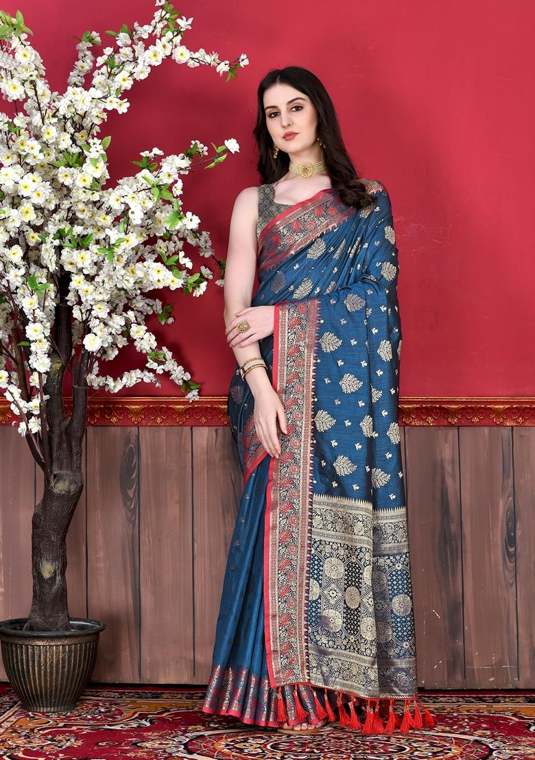 Navy Blue Jacquard Litchi Silk Saree Set