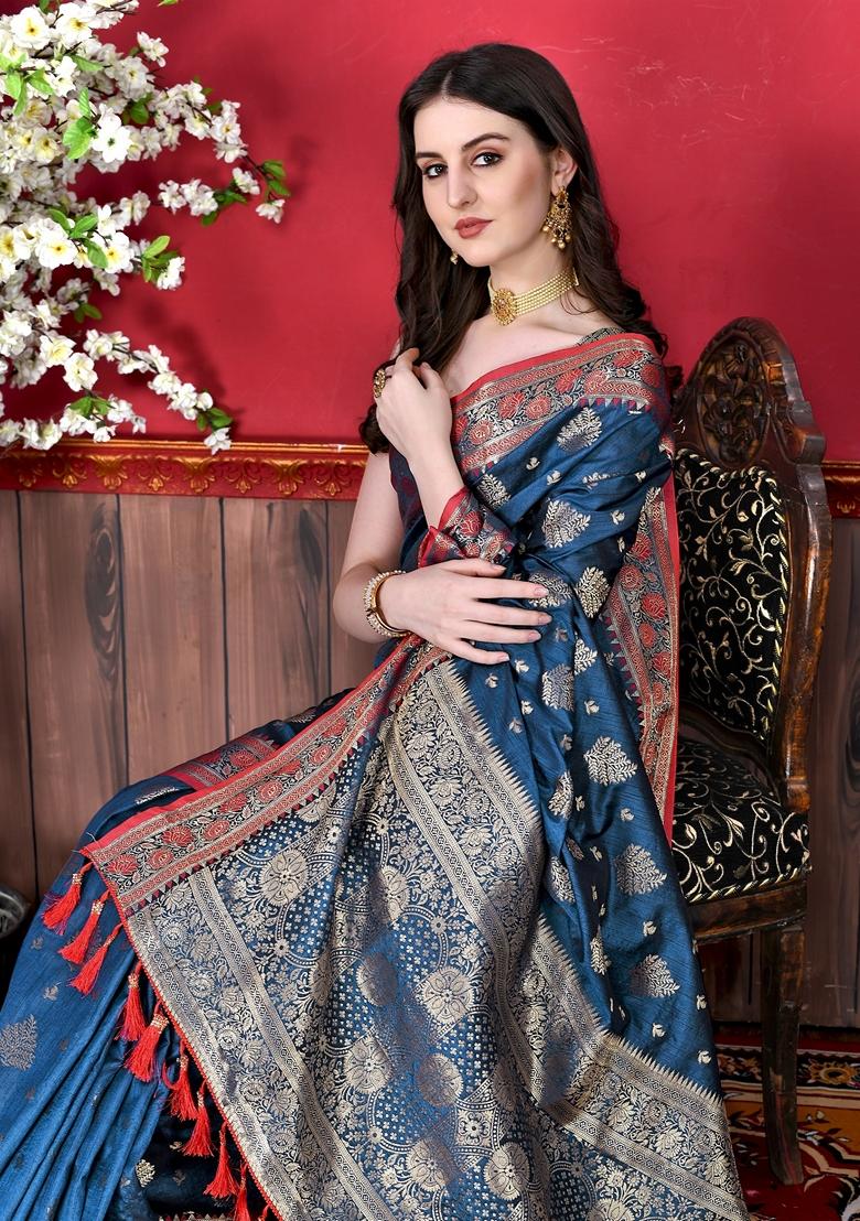 Navy Blue Jacquard Litchi Silk Saree Set