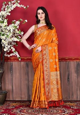 Orange Jacquard Litchi Silk Saree Set