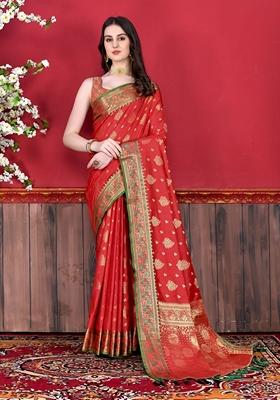 Red Jacquard Litchi Silk Saree Set