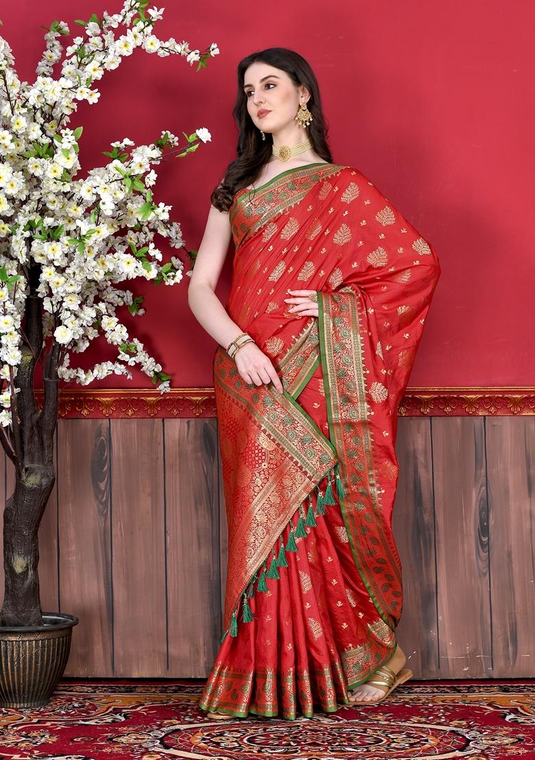 Red Jacquard Litchi Silk Saree Set