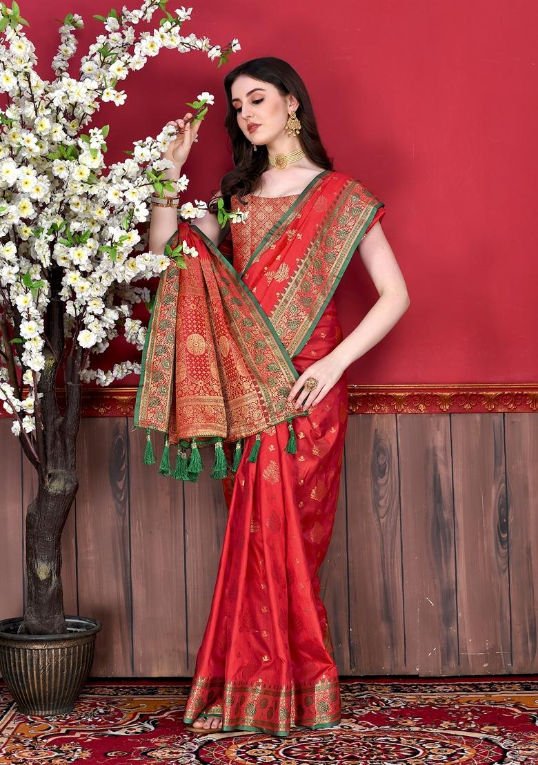 Red Jacquard Litchi Silk Saree Set