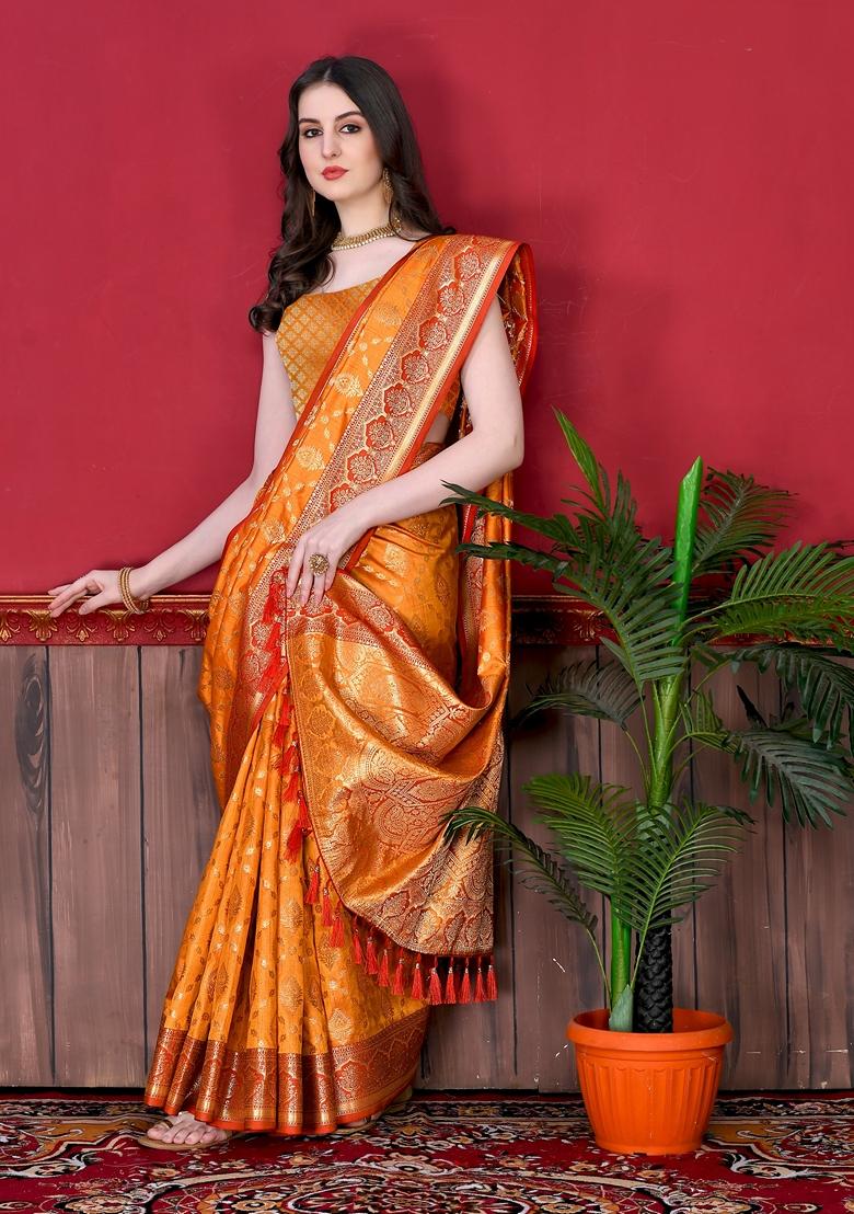 Orange Jacquard Litchi Silk Saree Set