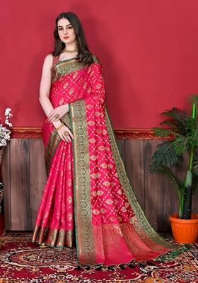 Pink Jacquard Litchi Silk Saree Set