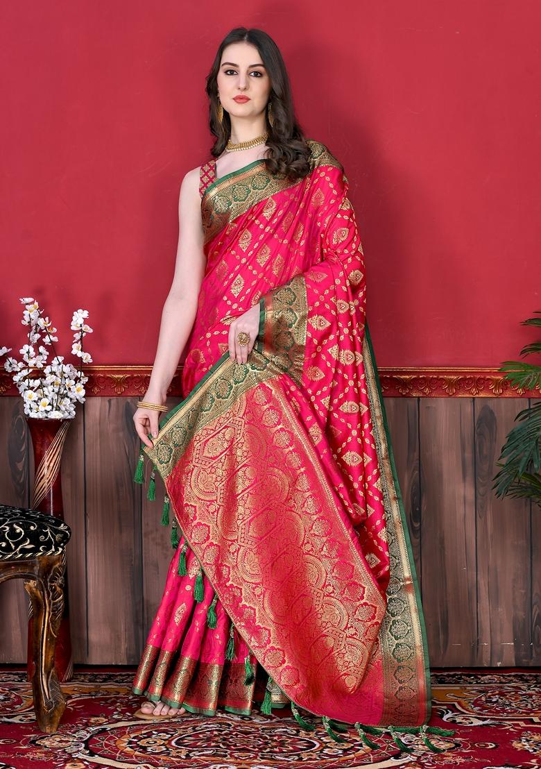 Pink Jacquard Litchi Silk Saree Set