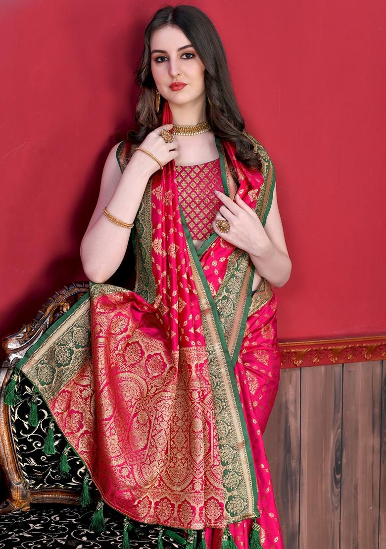 Pink Jacquard Litchi Silk Saree Set