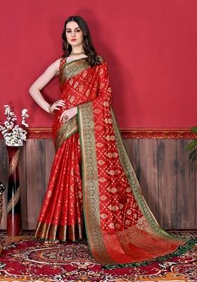 Red Jacquard Litchi Silk Saree Set
