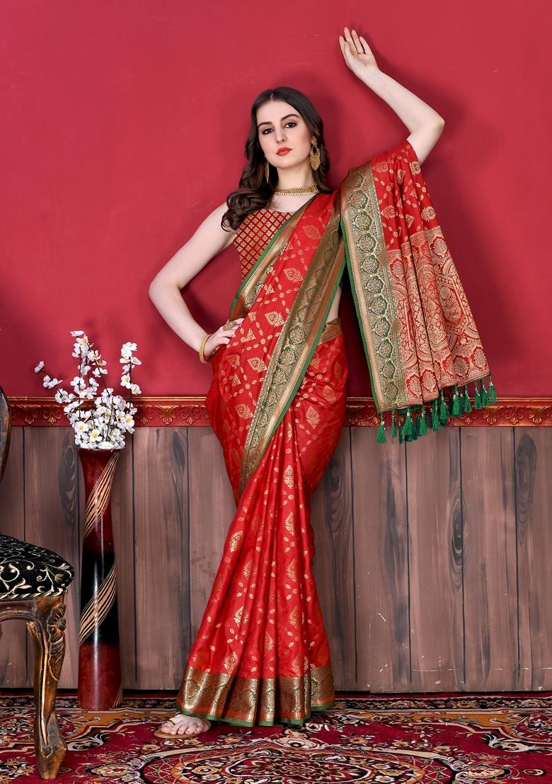Red Jacquard Litchi Silk Saree Set