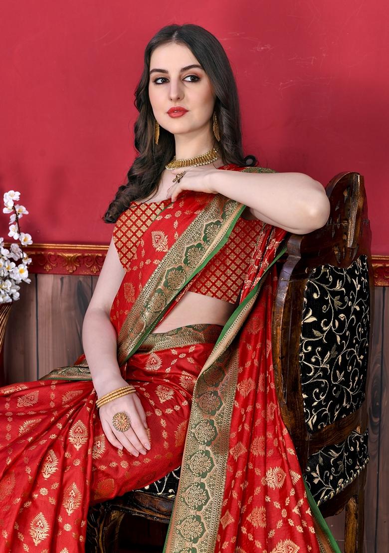 Red Jacquard Litchi Silk Saree Set