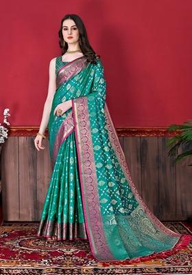 Sea Green Jacquard Litchi Silk Saree Set
