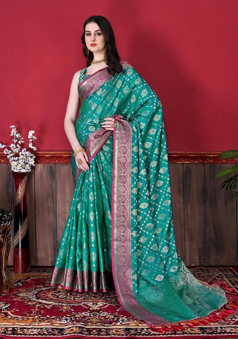 Sea Green Jacquard Litchi Silk Saree Set