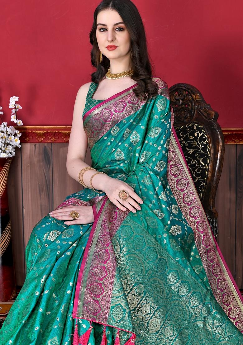 Sea Green Jacquard Litchi Silk Saree Set