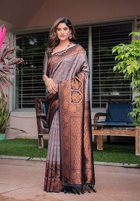 Grey Zari Woven Banarasi Silk Saree Set