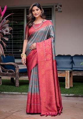 Turquoise Zari Woven Banarasi Silk Saree Set