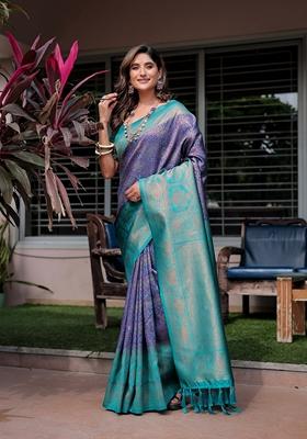 Purple Zari Woven Banarasi Silk Saree Set