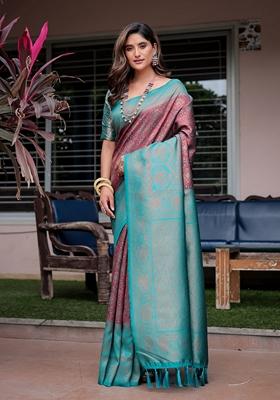 Maroon Zari Woven Banarasi Silk Saree Set