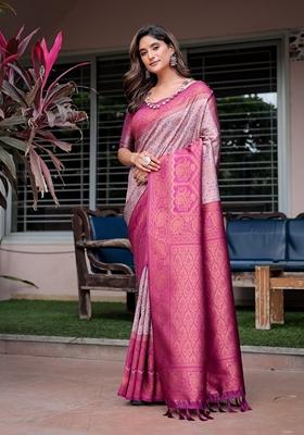 Mauve Zari Woven Banarasi Silk Saree Set