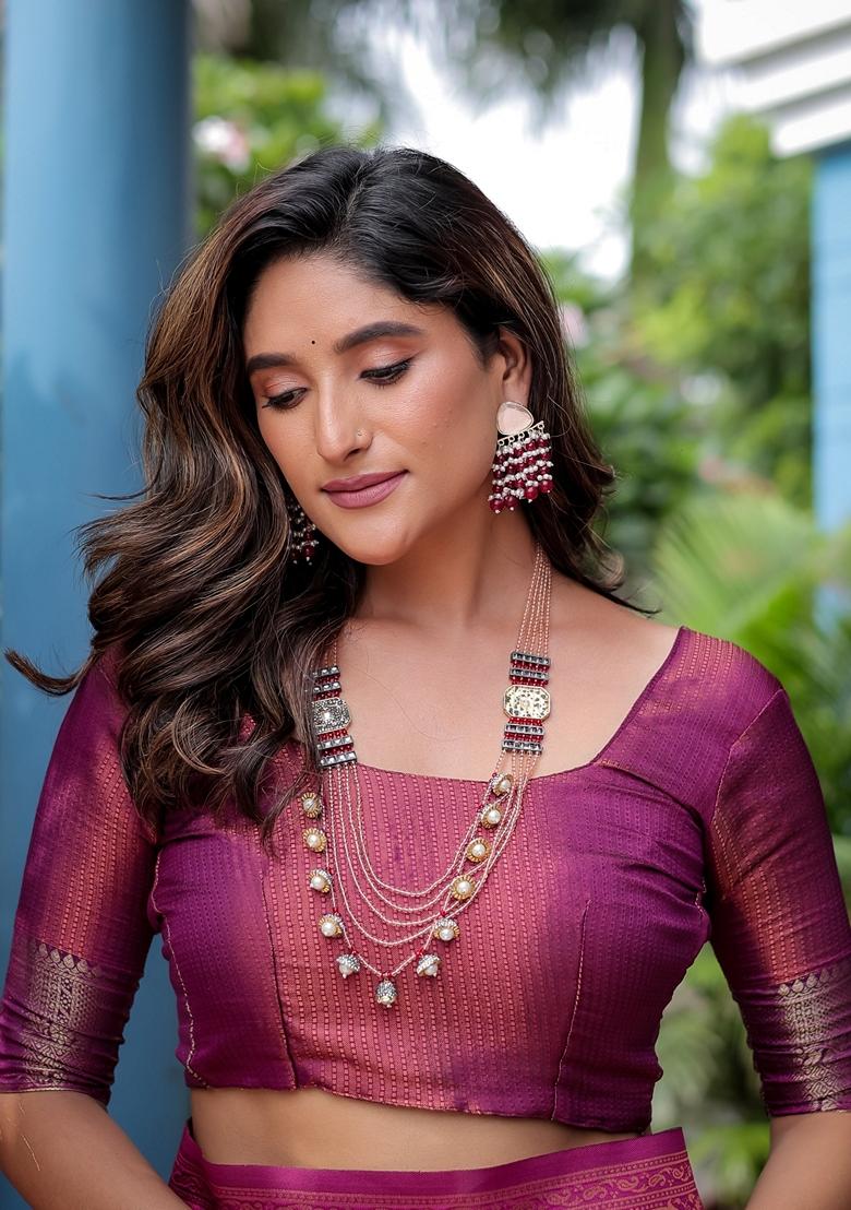 Mauve Zari Woven Banarasi Silk Saree Set