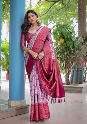 Mauve Zari Woven Banarasi Silk Saree Set