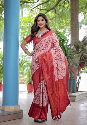 Peach Zari Woven Banarasi Silk Saree Set