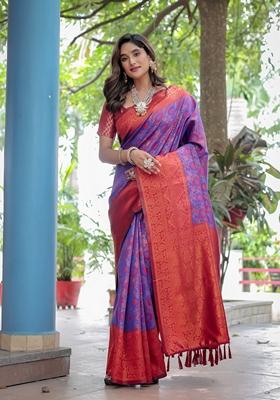 Purple Zari Woven Banarasi Silk Saree Set