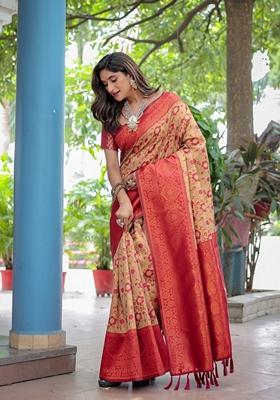 Beige Zari Woven Banarasi Silk Saree Set