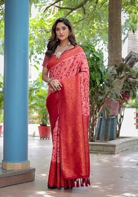 Peach Zari Woven Banarasi Silk Saree Set