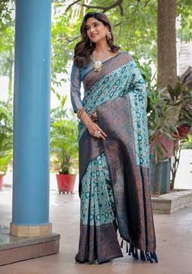 Turquoise Zari Woven Banarasi Silk Saree Set