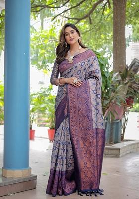 Grey Zari Woven Banarasi Silk Saree Set