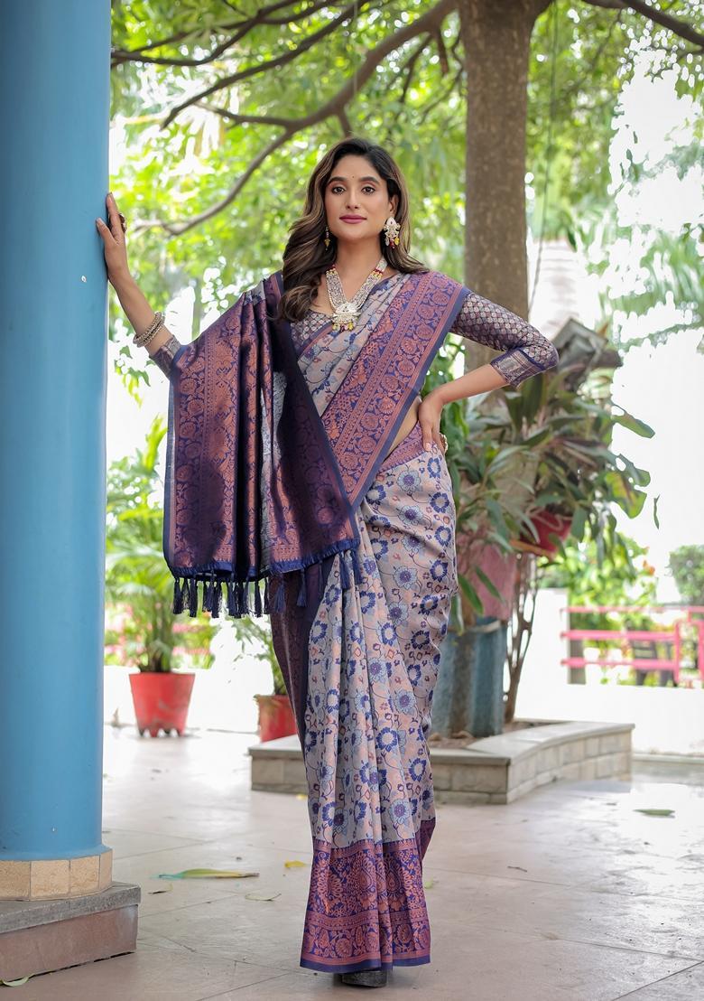 Grey Zari Woven Banarasi Silk Saree Set