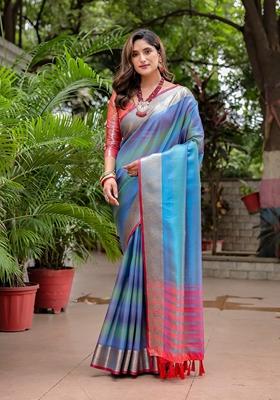 Blue Zari Woven Banarasi Silk Saree Set