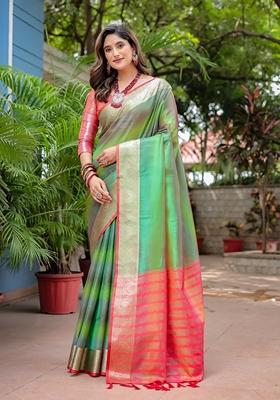 Green Zari Woven Banarasi Silk Saree Set