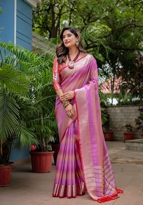 Purple Zari Woven Banarasi Silk Saree Set