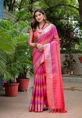 Pink Zari Woven Banarasi Silk Saree Set