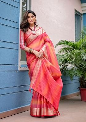 Orange Zari Woven Banarasi Silk Saree Set