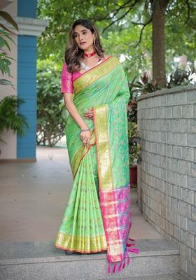 Pista Green Zari Woven Patola Silk Saree Set